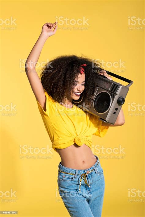 Young Afro Woman Holding Boombox And Dancing Stock Photo Download