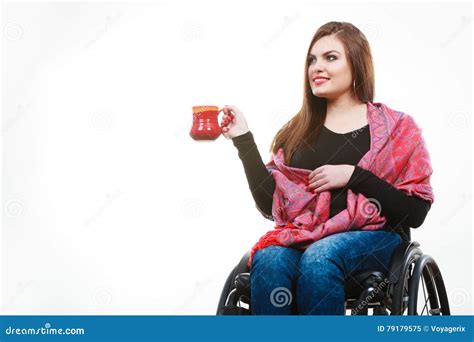 Cheerful Crippled Lady On Wheelchair Stock Image Image Of White