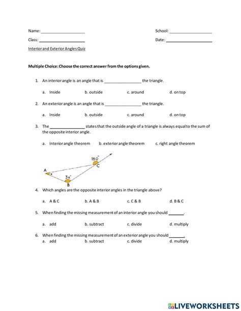 Interior And Exterior Angles Worksheet Live Worksheets