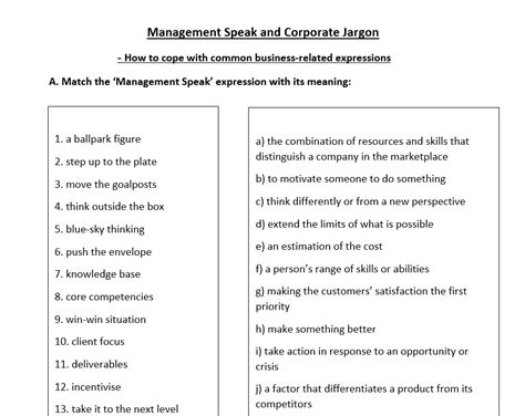 Management Speak And Corporate Jargon Worksheet