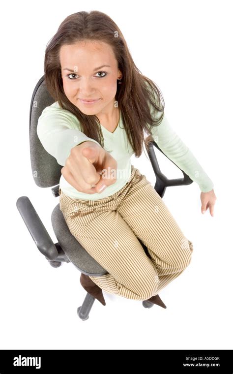 Pointing Woman Sitting On The Office Chair Headshot White Background