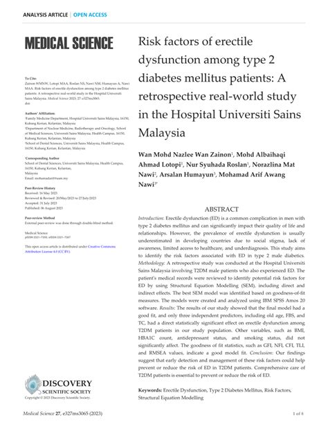 PDF Risk Factors Of Erectile Dysfunction Among Type Diabetes Mellitus Patients A