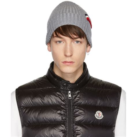 Moncler Grey Tricot Beanie In 985grey Tricot Moncler Black Heart Patch