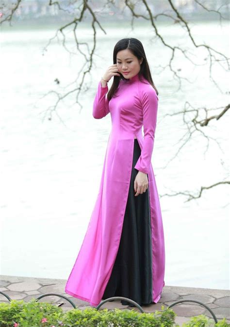 Vietnam Ao Dai Classical Pink Silk Dress Black Skirt Hien Thao Shop