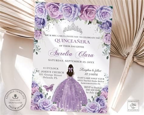 Lavender Lilac Purple Floral Silver Quinceañera Invitation Instant