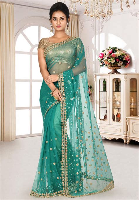 Hand Embroidered Net Saree In Teal Green Sar1406