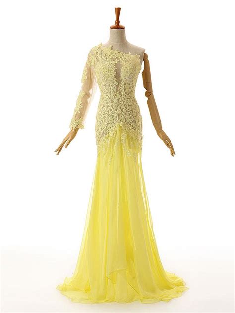 Yellow One Shoulder Lace Formal Prom Evening Dresspl0478 Yellow