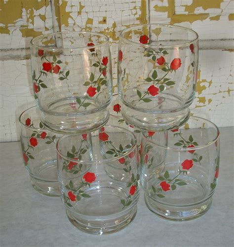 Vintage Red Rose Drinking Glasses Set Of 6 By Debscountryvintage
