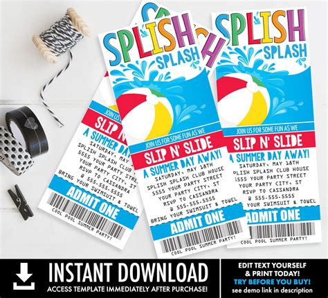 Slip N Slide Ticket Invitation Backyard Party Summer Birthday Pool Party Self Edit With