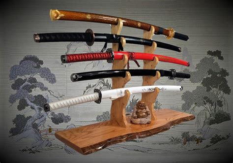 Solid Rustic Oak Katana Sword Stand Hickory Holders Mantel Desk Top