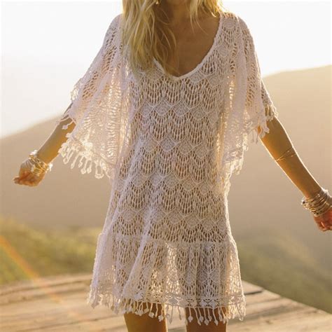 See Through Lace Crochet Knit Beach Cover Up With Tassels Women Batwing Hollow Beach Dress Tunic
