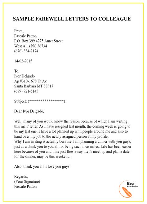 Sample Farewell Letters To Colleague Best Letter Template