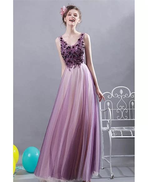 Ombre Purple Tulle A Line Long Prom Dress With Appliques Wholesale T69214