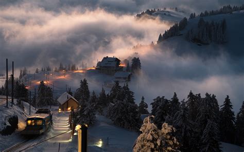 Landscape Nature Switzerland Sunset Snow Village Train Mist