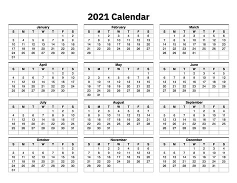 One Page Yearly Calendar Printable 2021