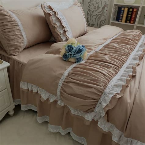 Free Shipping 100 Cotton Twill Korean Princess Ruffles Khaki Bedding White Lace Bed Skirt Set