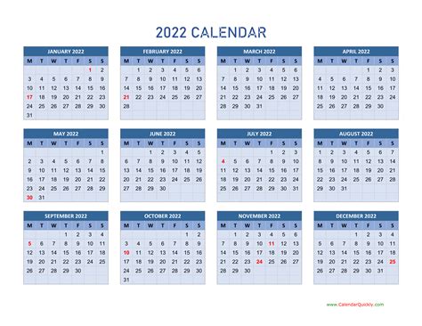 Monday 2022 Calendar Horizontal Calendar Quickly Printable Calendar