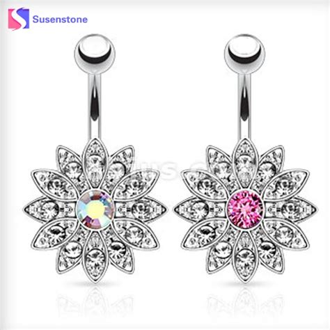 1pcs Women Crystal Rhinestone Belly Button Rings Jeweled Flower Navel Ring Steel Body Piercing