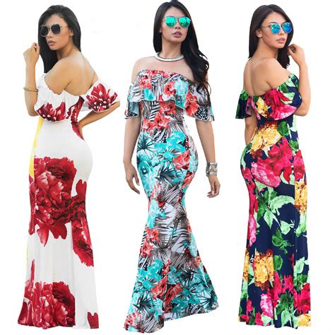 Buy Women Boho Maxi Dress Summer Style Off Shoulder Ruffled Print Long Dresses