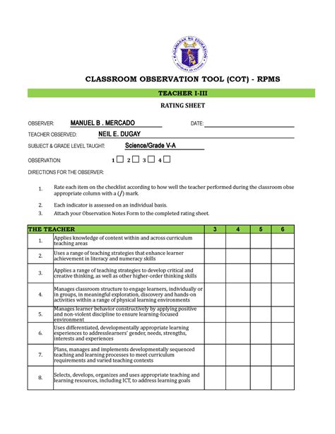 Toaz Rating Sheet For Cot Ipcrf Rpms Sy 2021 2022 Classroom