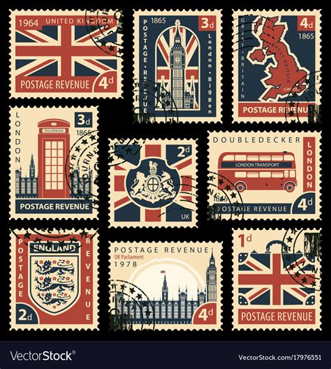 Set Postage Stamps With Uk Symbols And Flag Vector Image