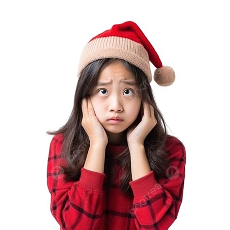Asian Christmas Girl With Worried Expression On Face Against White