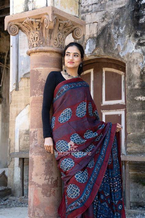 Elegant Ajrakh Saree Modal Silk For Woman Kutchculture
