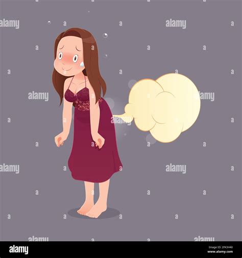 Cute Woman In Red Nightgown Farting With Blank Balloon Out From Her Bottom Against Gray