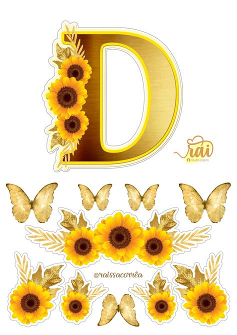 The Letter D With Sunflowers And Butterflies
