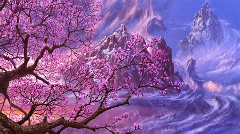 Wallpaper Trees Mountains Fantasy Art Blossom Flower Plant