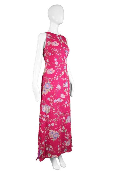 Emanuel Ungaro Vintage Fuschia Silk Floral Asian Maxi Dress 1990s For