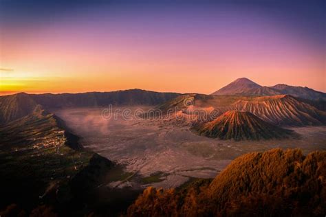 Mount Bromo Volcano Gunung Bromo At Sunrise With Colorful Sky Stock