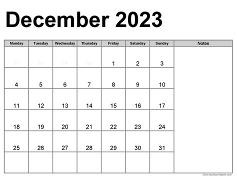 December 2023 Calendar Printable With Us Holidays Notes Monday Start
