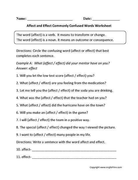 The word affect and the word effect both sound alike but have different meanings, making them homophones. Word Usage Worksheets | Commonly Confused Words Worksheets