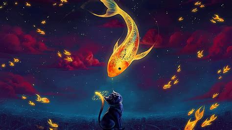 Hd Wallpaper Sky Darkness Fish Cat Fantasy Art Night