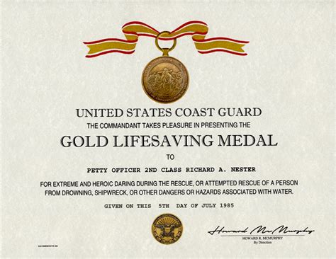 Gold Lifesaving Medal Certificate