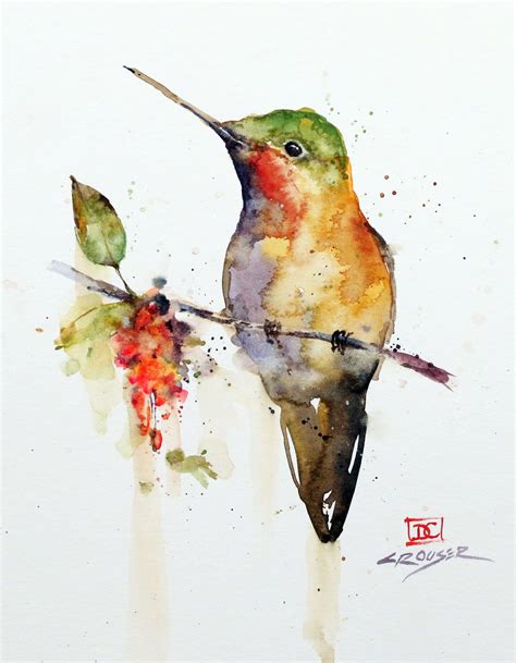 Hummingbird On Branch Original Watercolor Painting By Dean Crouser