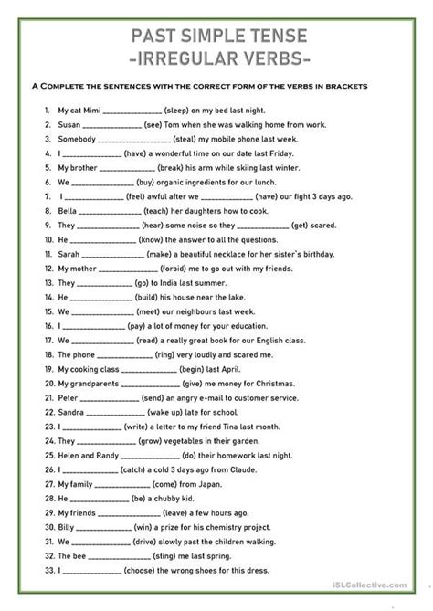 Grammar Worksheet Past Simple Tense Irregular Verbs Irregular Verbs