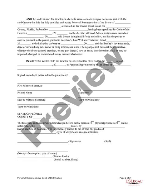 Florida Personal Representatives Deed Of Distribution Personal