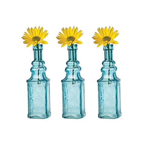 Luna Bazaar Small Vintage Glass Bottle Set 6 5 Inch Ella Square Design Turquoise Blue Set Of