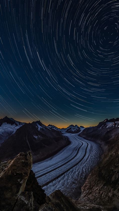 Aletsch Glacier Wallpaper 4k Star Trails Night Time Switzerland