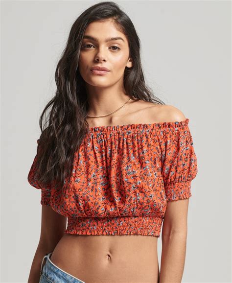 Womens Smocked Short Sleeve Crop Top In Autumn Blossom Orange Superdry Uk