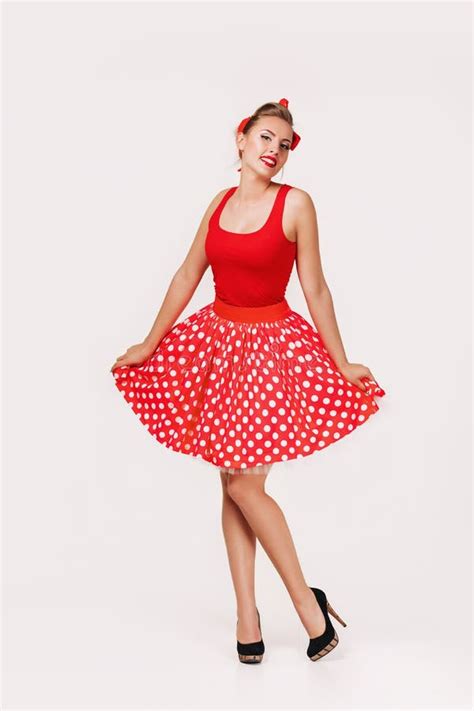 Smiling Pin Up Woman In Polka Dot Red Dress Stock Image Image Of People Pretty 151936439