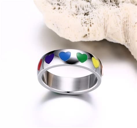 New Brand Stainless Steel Colorful Heart Shape Rainbow Rings For Men Women Love Lesbian Bisexual
