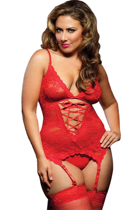 Sexy Red Lace Plus Size Teddy Lingerie With Handcuffs Garters