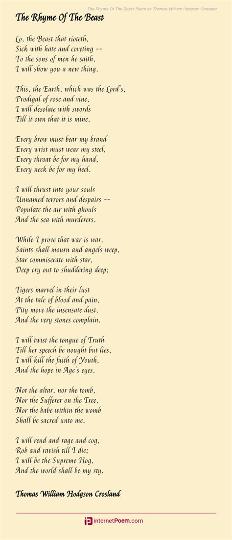 The Rhyme Of The Beast Poem By Thomas William Hodgson Crosland
