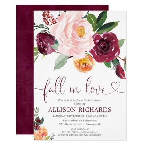Fall In Love Fall Floral Burgundy Bridal Shower Invitation