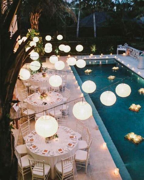 Dinner Hanging Lights Pool Pool Wedding Garden Party Wedding Bali