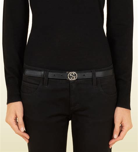 Gucci Black Leather Belt With Crystal Interlocking G Buckle In Black