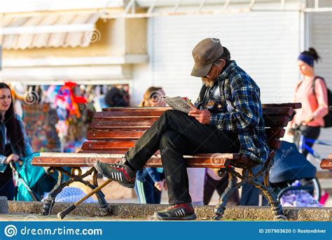 Russia Gelendzhik May 01 2019 Retired Man Reading His Newspaper On
